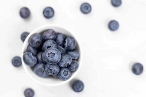 Blueberries in the bowl with blurred background and copy space