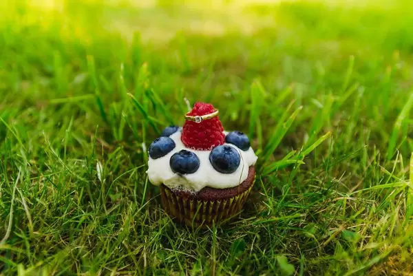 Blueberry Cupcake With Engagement Ring On The Grass