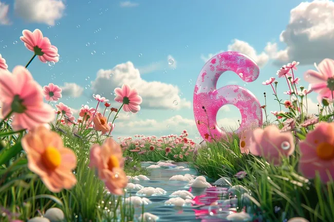 Blühende Frühlingswiese mit rosafarbener Nummer Sechs