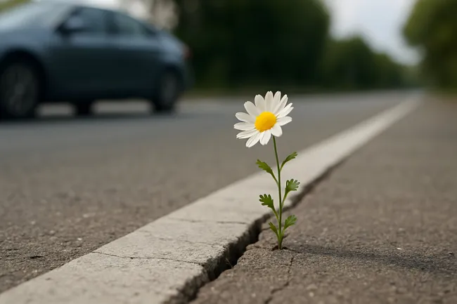 Blühende Gänseblümchen in Asphaltspalt