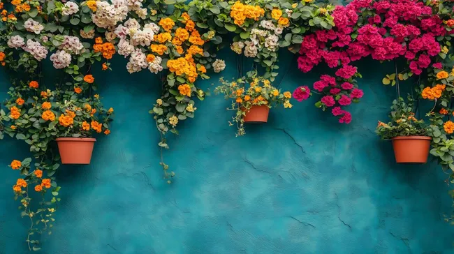 Blühende Hängeampeln vor türkisfarbener Wand