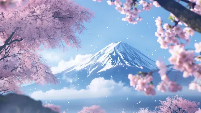 Blühende Kirschbäume mit schneebedecktem Fuji-Berg