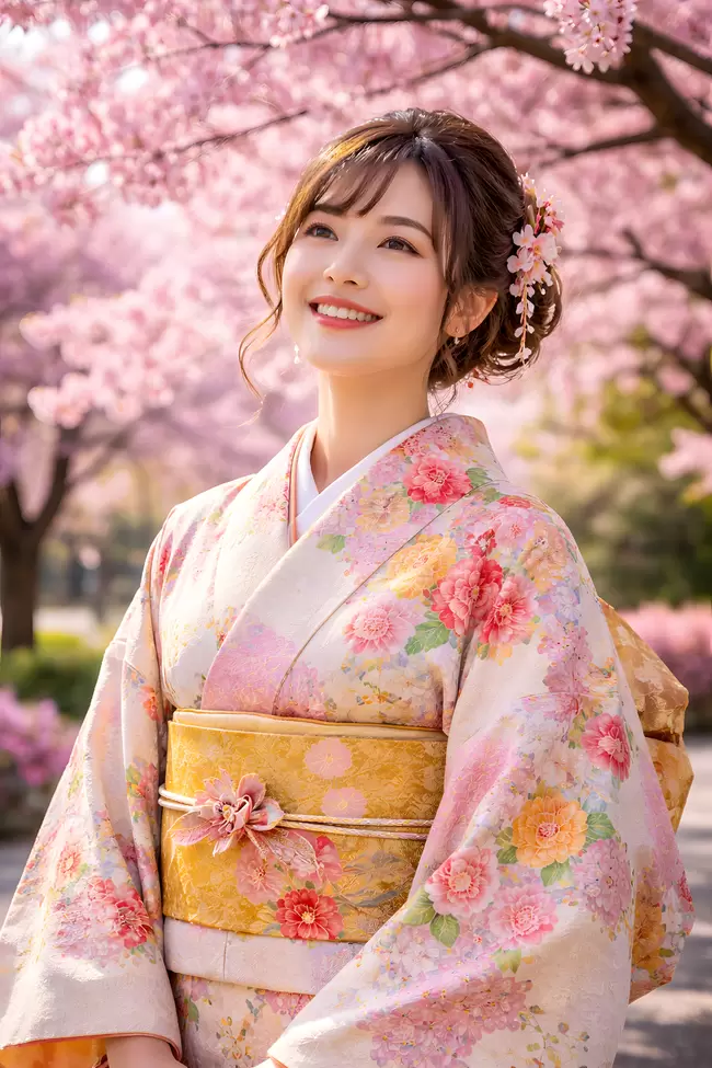 Blühende Kirschblüten und Kimono-Schönheit