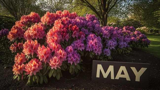 Blühende Rhododendronbüsche im englischen Mai