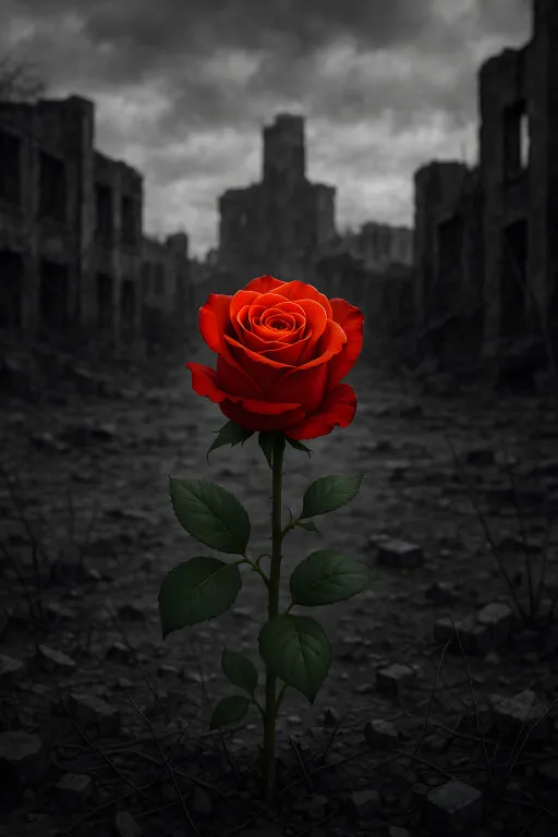 Blühende rote Rose im Trümmerfeld - Symbol der Hoffnung