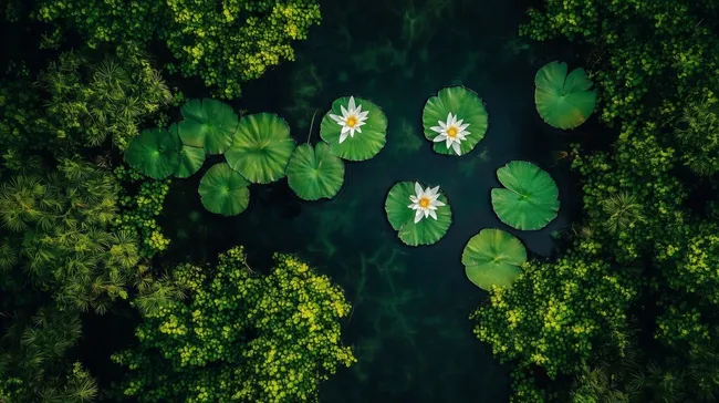Blühende Seerosen in saftiger Waldlandschaft