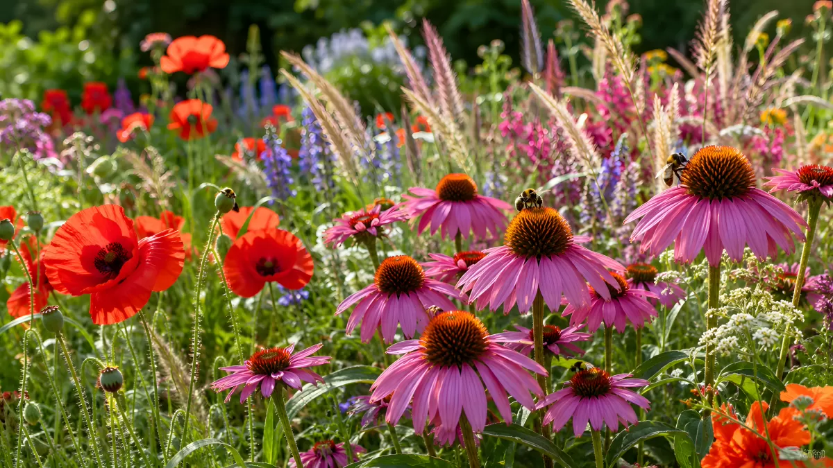 Blühende Sommerwiese mit Echinacea und Mohnblumen