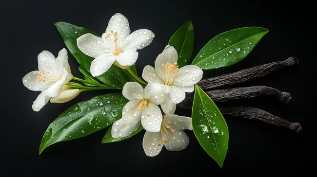 Blühende Vanilleschote mit Tropfen auf grünen Blättern