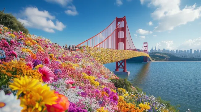 Blühender Blumenhang mit Goldener Brücke in San Francisco