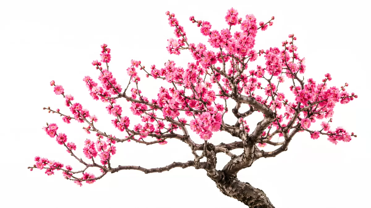 Blühender Bonsai-Pflaumenbaum mit rosa Blüten