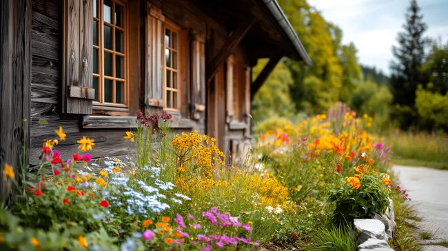 Blühender Landgarten vor Rustikalem Holzhaus