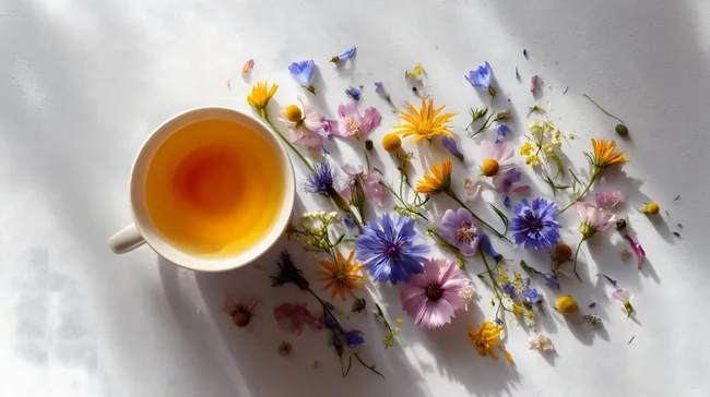 Blühendes Kräutertee-Arrangement auf Holztisch
