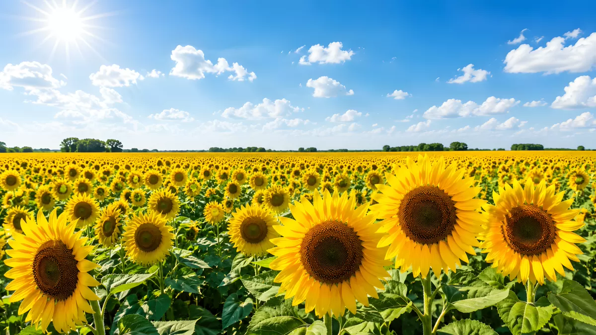 Blühendes Sonnenblumenfeld unter strahlend blauem Himmel