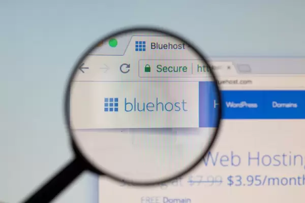 Bluehost logo on a computer screen with a magnifying glass