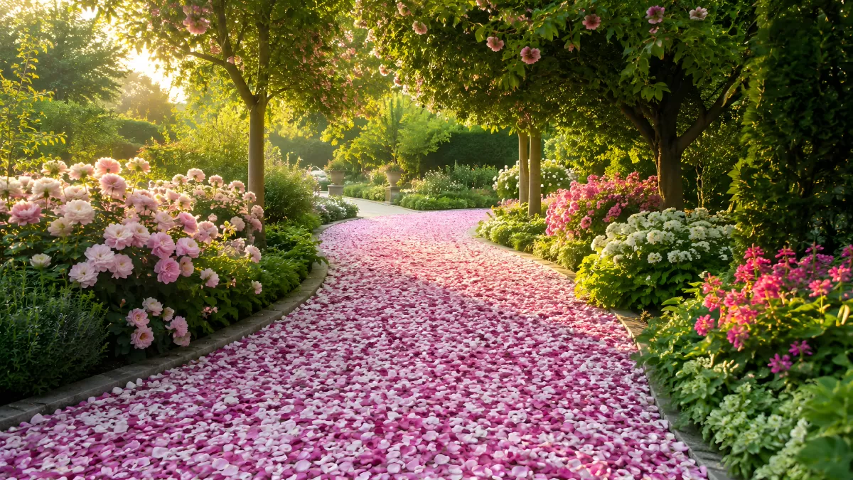 Blütenbedeckter Gartenweg im warmen Sonnenlicht