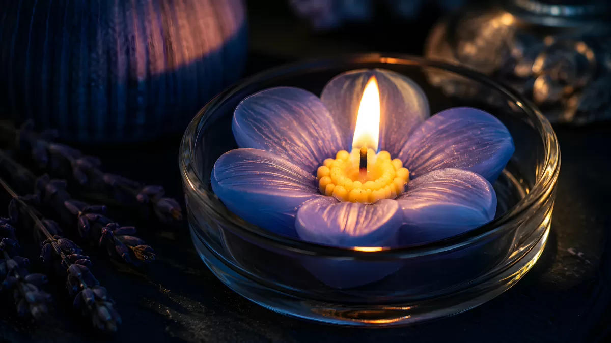 Blütenkerze in Lavendelblau brennt im Glasschälchen