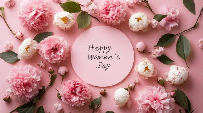 Blumen und Happy Women's Day Aufschrift auf rosa Hintergrund