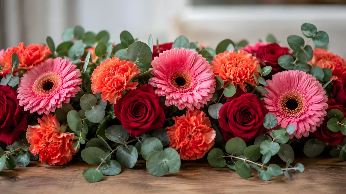 Blumenarrangement mit Gerbera, Rosen und Nelken