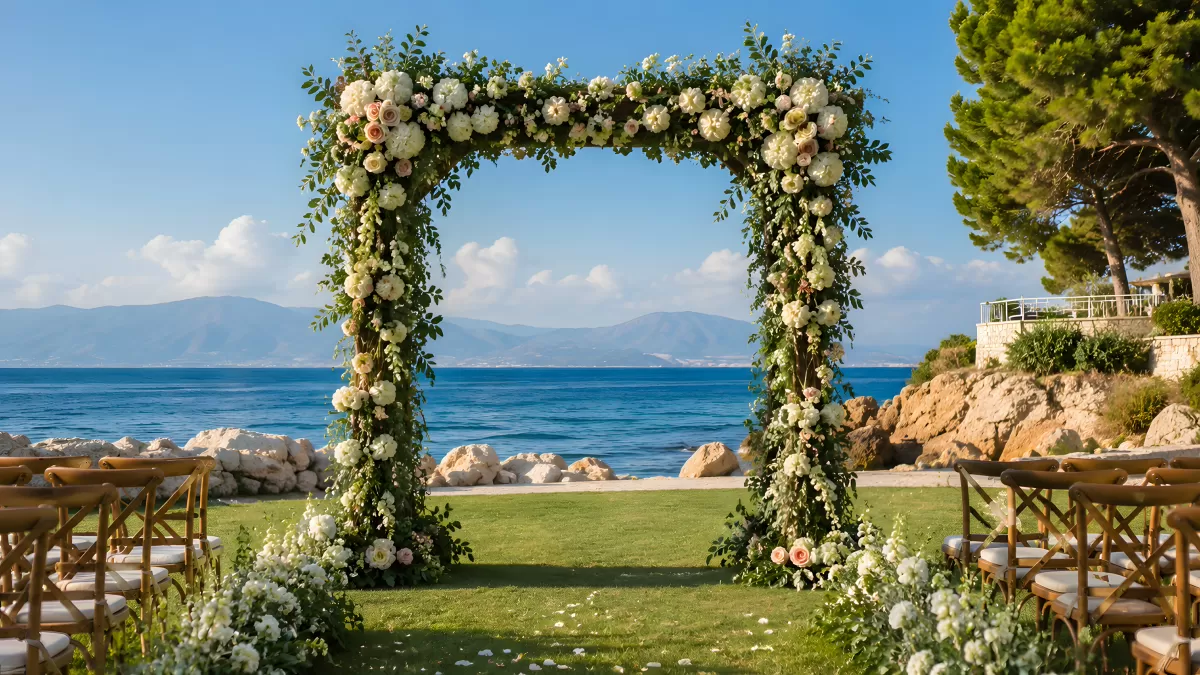 Blumenbögen zur Hochzeit am Mittelmeer mit Meeresblick