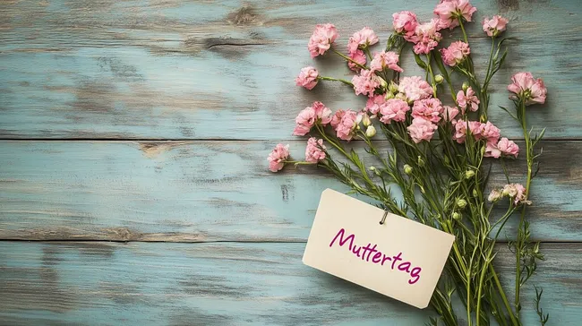 Blumenbouquet mit Muttertags-Notiz auf Holztisch