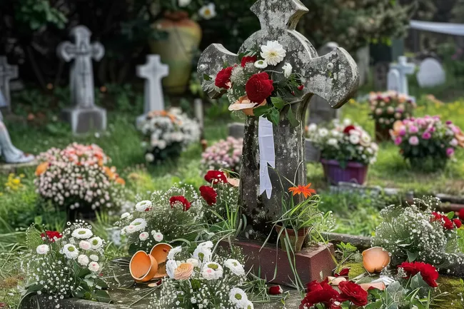 Blumendekoration auf Grabstein auf Friedhof