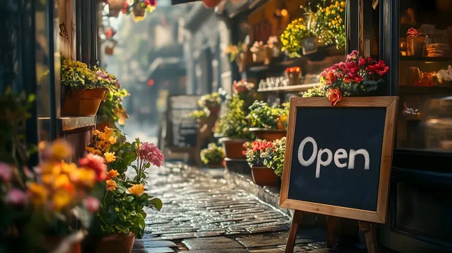 Blumengeschäft mit Willkommens-Schild und bunten Arrangements