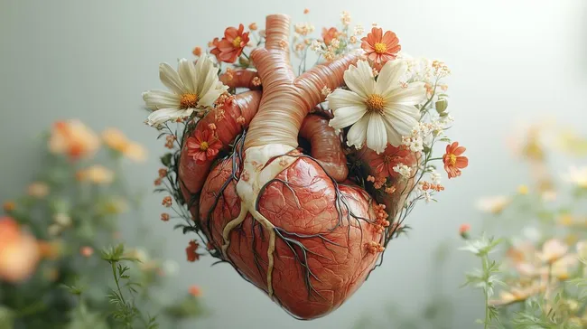 Blumengeschmücktes anatomisches Herz vor grünem Hintergrund