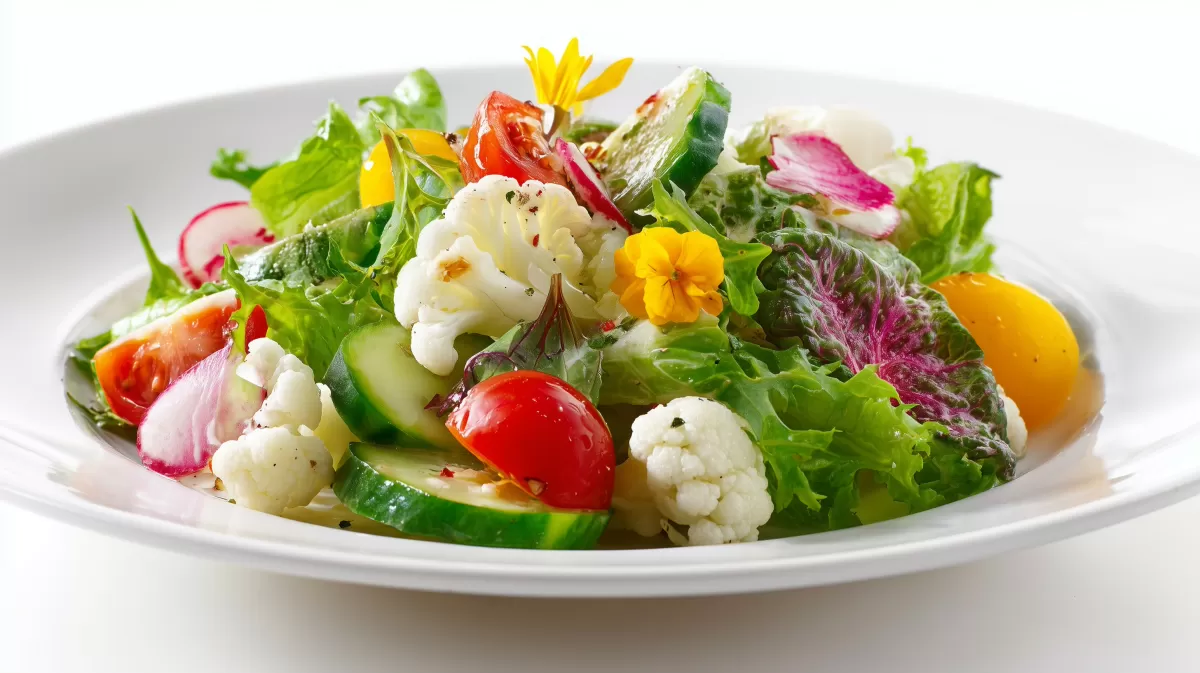 Blumenkohl Salat mit Tomaten und essbaren Blüten