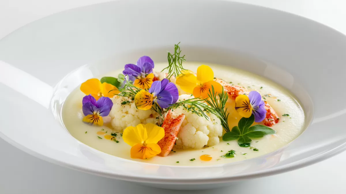 Blumenkohl Suppe mit Krabben und Essblüten