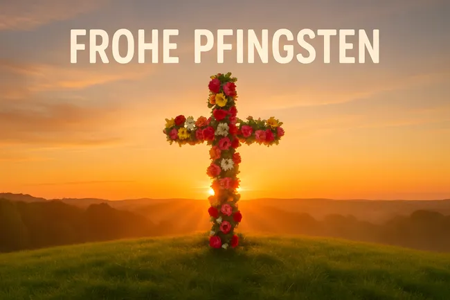 Blumenkreuz im Sonnenaufgang auf Hügel