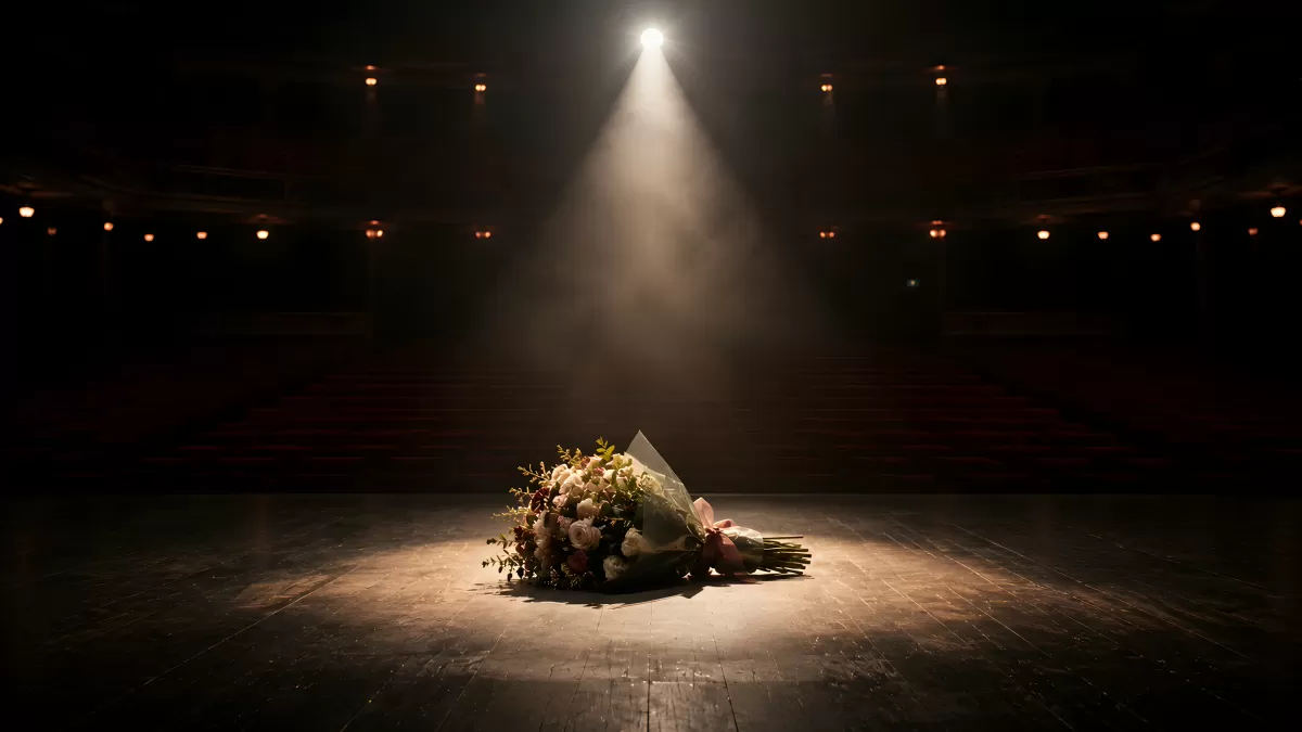Blumenstrauß auf leerer Theaterbühne im Scheinwerferlicht