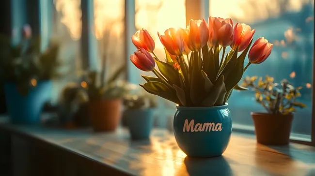 Blumenstrauß mit bunten Tulpen in Vase mit Schriftzug 'Mama'