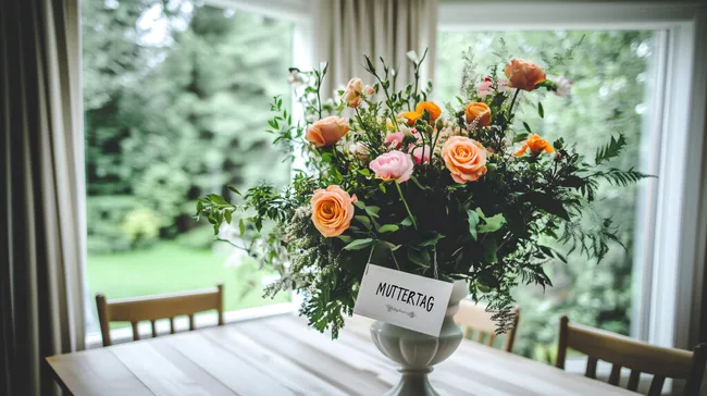 Blumenstrauß mit Muttertagskarte auf Tisch am Fenster