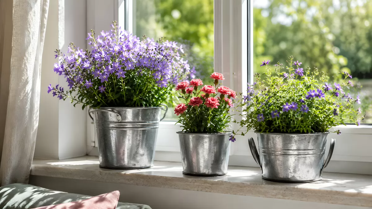 Blumentöpfe aus Zink auf sonniger Fensterbank