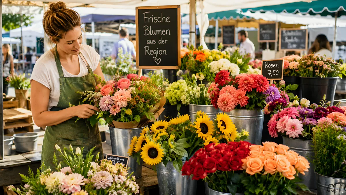 Blumenverkäuferin arrangiert Blumen auf Wochenmarkt