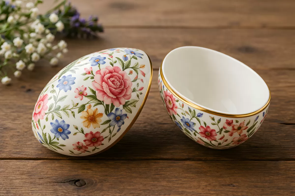 Blumenverzierte Porzellanschale auf Holztisch