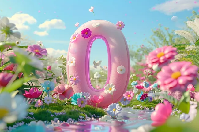 Blumige Zahl 0 in einer verzauberten Naturlandschaft