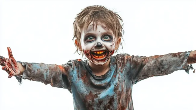 Blutiger Zombie-Junge mit Schminke und Verletzungen