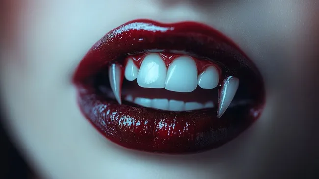 Blutrote Lippen mit Vampirzähnen - Perfektes Stockfoto für Horror-Themen