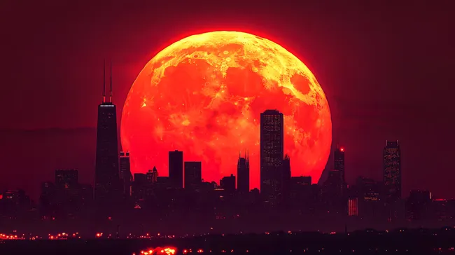 Blutrote Mondaufgangsilhouette über Großstadt-Skyline