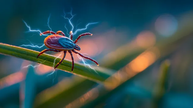 Blutrote Zecke mit elektrischer Entladung auf grünem Grashalm
