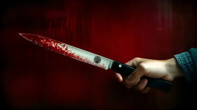 Blutverschmiertes Messer in dramatischer Handhaltung