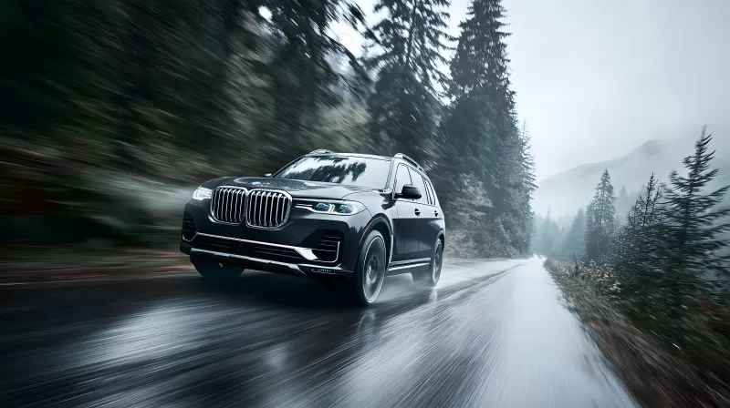 BMW SUV fährt durch nebligen Wald auf regennasser Straße