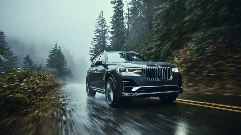 BMW X7 SUV auf nasser Landstraße im Regen