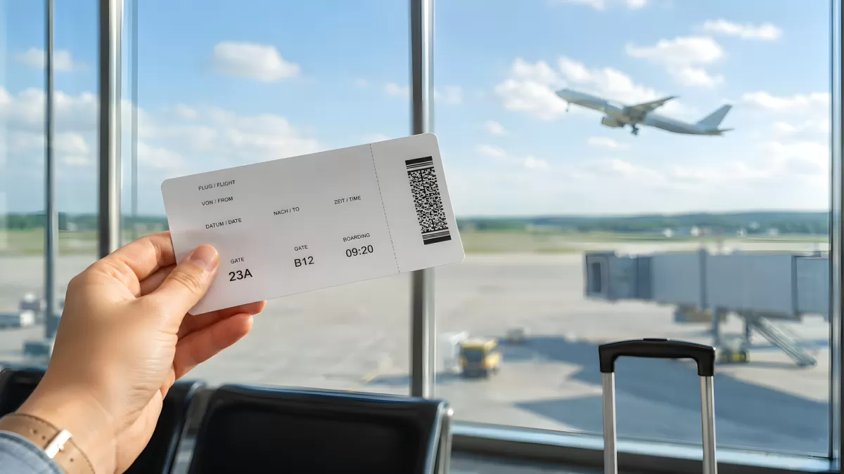 Boarding-Pass am Flughafen mit startendem Flugzeug