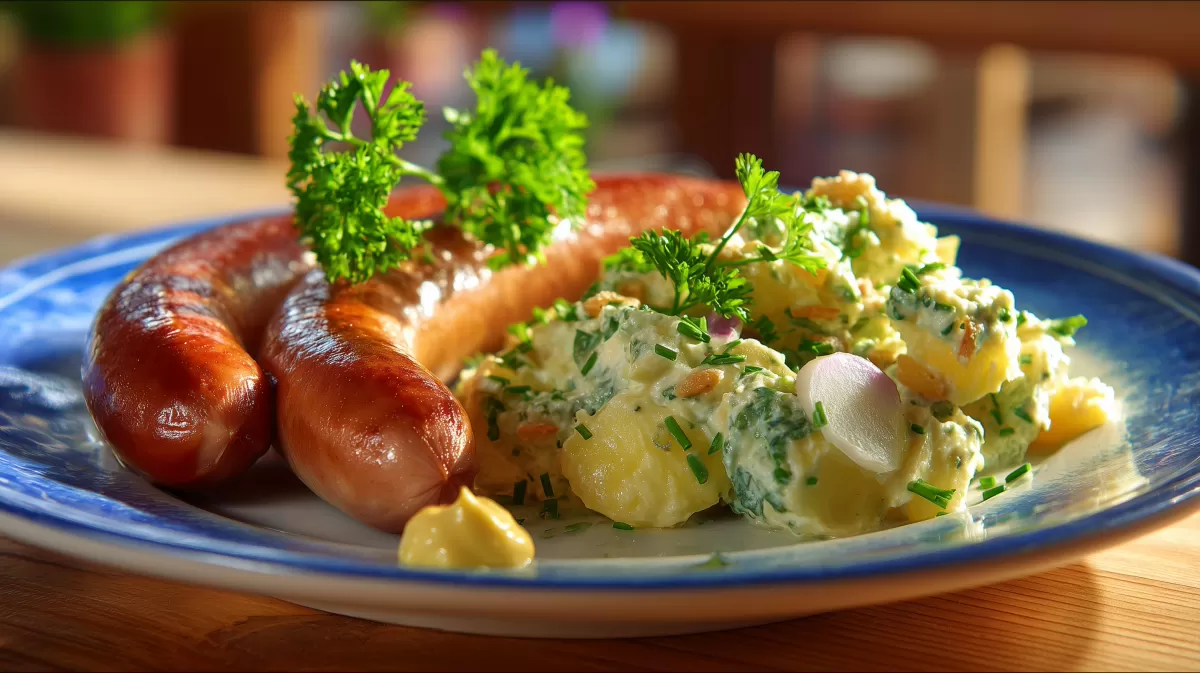 Bockwurst mit Kartoffelsalat frisch serviert auf Teller