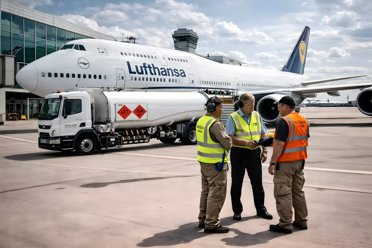 Bodenpersonal tankt Lufthansa-Flugzeug am Flughafen