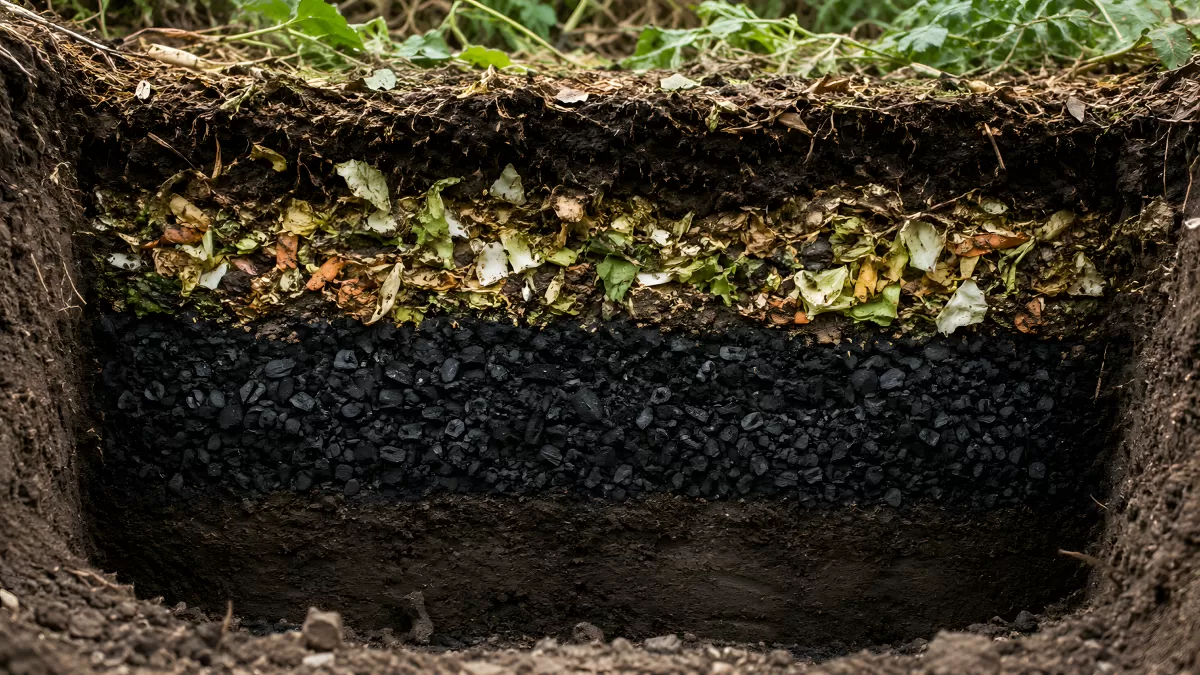 Bodenprofil mit Biochar und Kompostschichten im Querschnitt