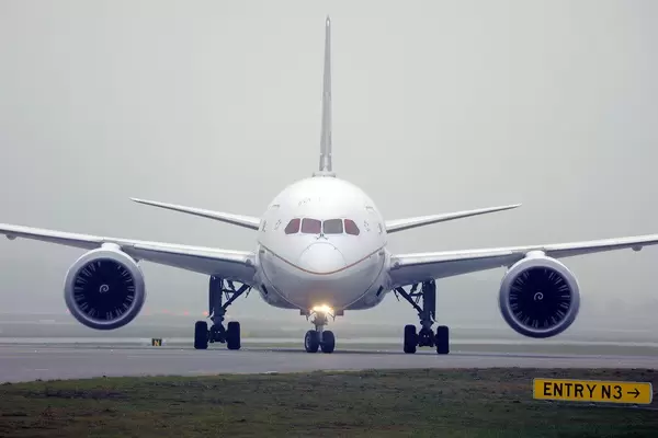 Boeing B787-10 Dreamliner airplane in Munich Airport, front view