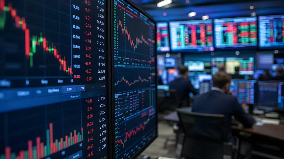 Börsenhändler analysiert Kursdaten auf Monitoren